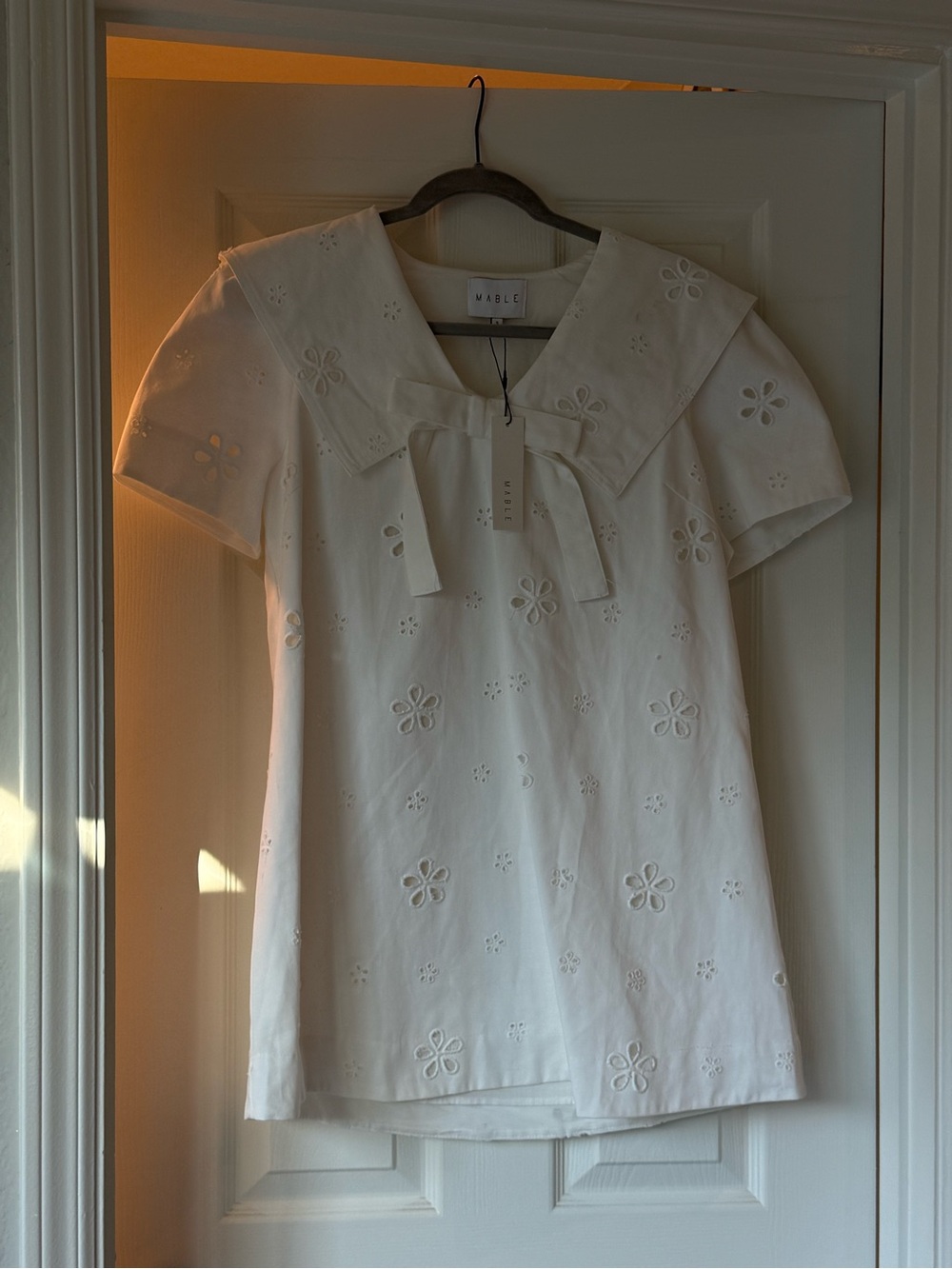 Peter Pan Collar White Eyelet Dress with Bow NWT